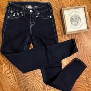 True Religion size 24, stretch, dark blue, skinny jeans